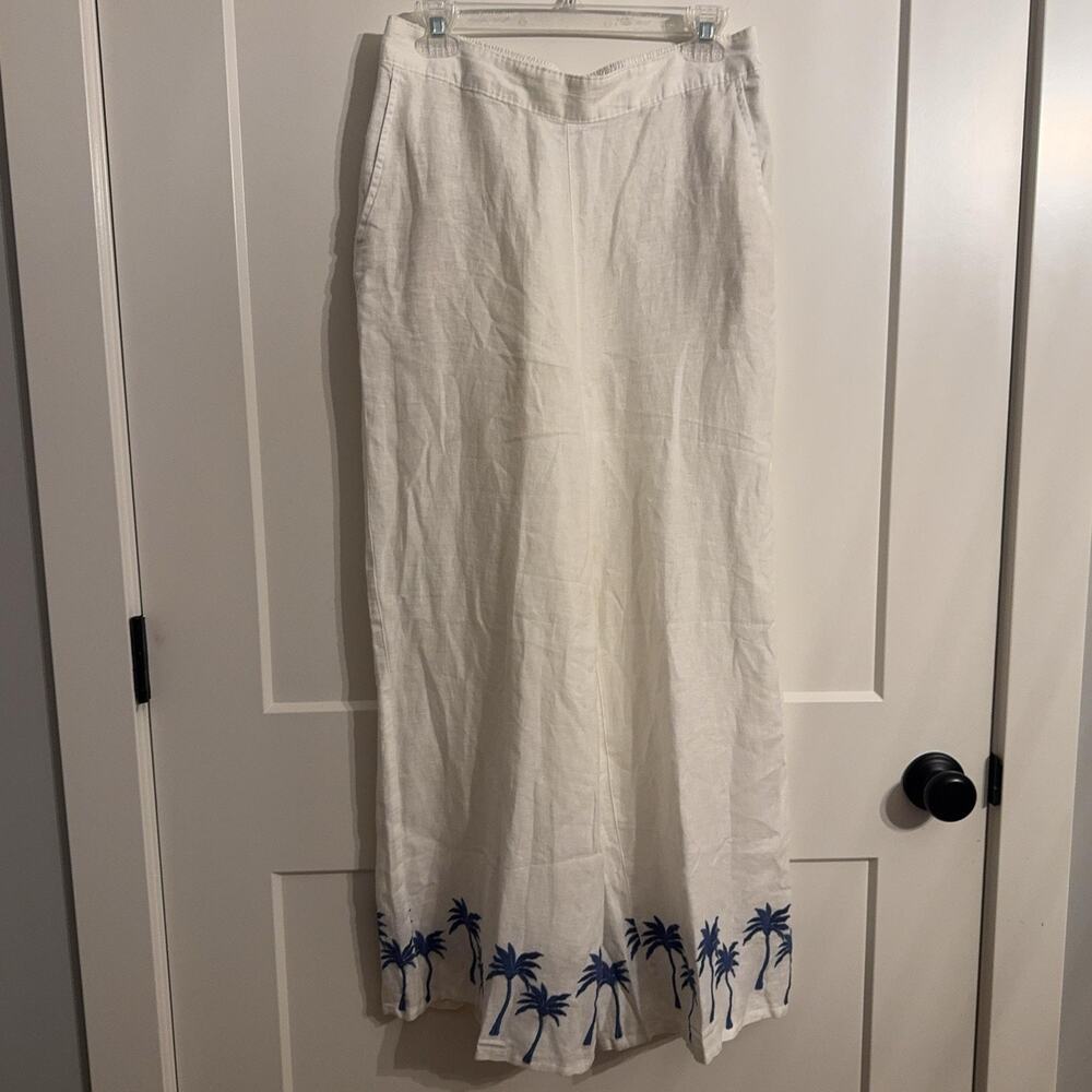 Calypso St. Barth Linen Dress Pants Sz L White Palm Embroidered Wide Leg Beach